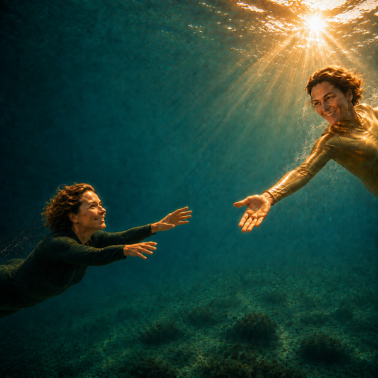 Eine Frau schwimmt vertrauensvoll auf ihre goldene Zukunftsversion zu, die ihr aus dem Licht die Hand entgegenstreckt.